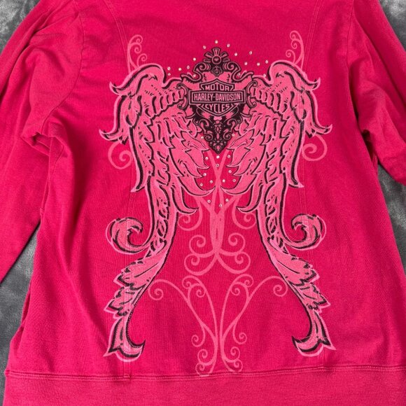 VTG y2k Women's Pink Studded Harley Davidson Angel Wings Hoodie Shirt Sz XL - Picture 10 of 12